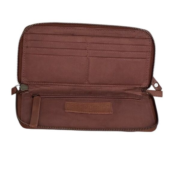 Free People Handbags - Free People Wallet Brown Distressed Vegan Leather Wristlet Strap Zip Closure
